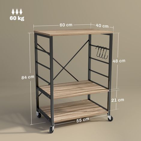 Étagère de cuisine de style industriel à 3 niveaux (avec roulettes et 4 crochets), structure en acier, 60x40x84 cm, bois de teck. (1/5)