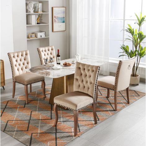Silla de comedor moderna de terciopelo camel claro con estructura de madera maciza, carga 150 kg,49×63×95cm (1/5)