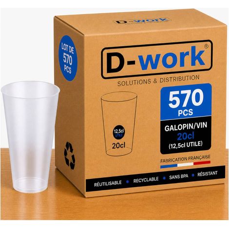Lot de Verres Gobelets Réutilisables 20 cl (12,5 cl utile) en Polypropylène Sans BPA, Translucides, Résistants et Recyclables, Idéal Soirées, Bars, Événements et Professionnels - D-Work