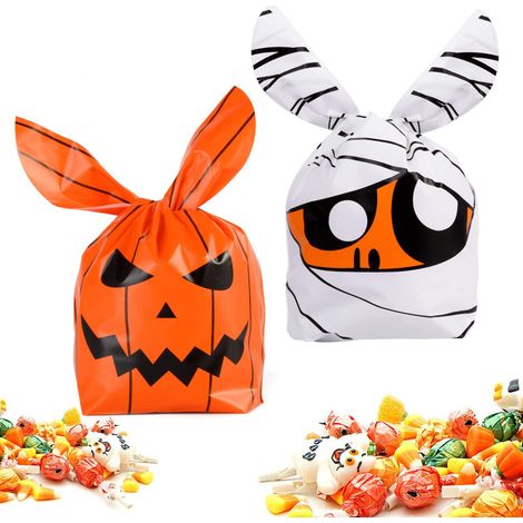 Lot de 100 sacs à friandises Halloween à oreilles de lapin, pochettes à bonbons citrouille et momie pour enfants (1/5)