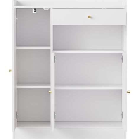 Armoire de rangement en rotin avec 1 tiroir et 3 portes, étagères réglables, blanc et bois, 90 x 35 x 110 cm (1/5)