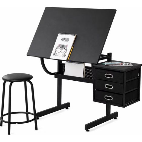 avec tabouret et 3 tiroirs, Table à dessin noire (1/5)