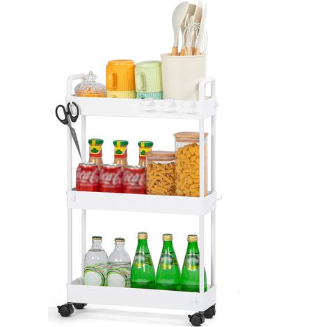 Chariot de Cuisine à 3 Niveaux,Desserte à roulettes Multifonctionnel Mobile Étagère,Étagère de Cuisine avec roulettes,pour Salle de Bain,Chambre,Blanc,38.8 x 12.5 x 65 cm (1/5)