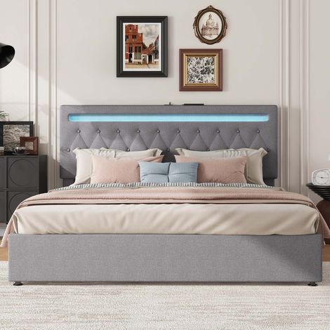 Lit coffre 180x200 cm capitonné gris avec sommier relevable hydraulique, LED d'ambiance, port USB, rangement sous lit, tissu lin, sans matelas (1/5)