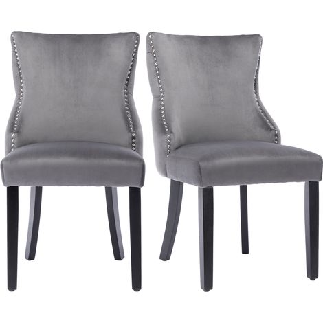 Silla de comedor de terciopelo gris con capitoné, patas de madera, 2 piezas (1/5)