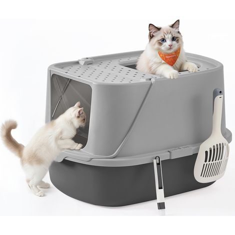 Grand Bac à Litière pour Chat, Taille XXL, Litière pour Chat avec Couvercle Basculant, avec Pelle et Brosse, pour Chats Jusqu’à 15 kg, Gris Tourterelle et Gris Ardoise (1/5)
