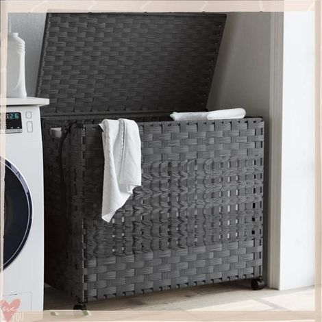 372046 Panier à linge avec roulettes gris 66x35x60 cm résine tressée (1/5)
