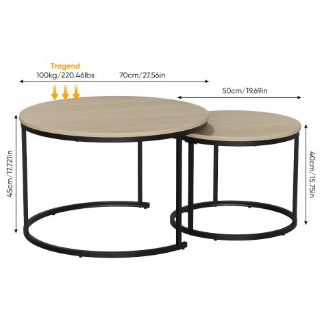 Lot de 2 tables basses rondes empilables – Pour petit espace, finition chêne naturel – Tables d’appoint polyvalentes (1/5)