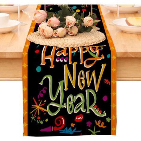 Chemin de table « Bonne année », nappe noire et or à pois et étoiles, décoration pour la maison et la cuisine, ambiance champêtre, linge de table en toile de jute pour les fêtes d'hiver 2026
