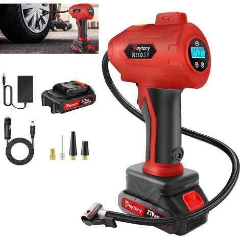 Compresseur d'air pour gonfler Les pneus, Batterie 21V et câble 12V DC, Pompe Portable Gonflable 180PSI avec manomètre numérique pour Voitures, Motos, vélos, balles, Rouge