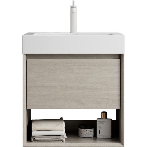 Meuble vasque salle de bain mural 55 cm avec vasque rectangulaire en résine blanche, tiroir et niche, finition bois clair, CHICFURN (1/5)