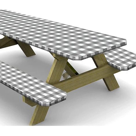 Picnic tablecloth, checkered pattern, includes bench cover, elastic edging, camping essential, picnic tablecloth and RV accessories, 3-piece set, measures 72x30 inches + 12x72 inches - grey (1/3)