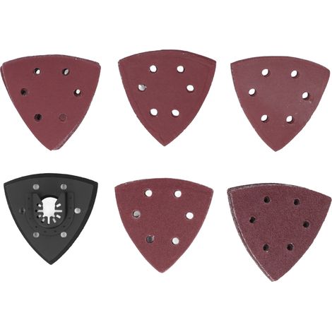 Kit de 51 disques de ponçage triangulaires de 8,9 cm (3,5 po) avec 6 trous d'évacuation de la poussière, pour bois et métal. (1/5)