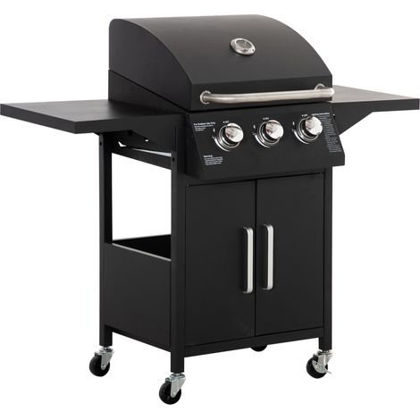 Outsunny barbacoa de gas con 3 quemadores termómetro 2 parrillas de gas con 2 mesas laterales armario de 2 puertas 4 ruedas frenos para BBQ