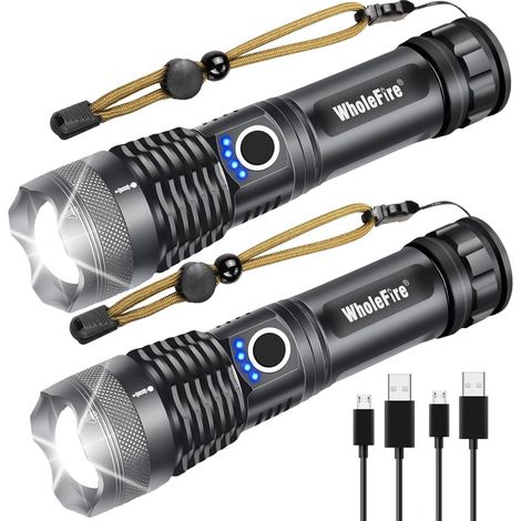 ShineTool Torche Lampe de Poche LED 2 Pack, XHP50 USB Rechargeable 4000Lumens Lampe Torche IPX4 Étanche, 5 Modes Eclairage, Lampe de Poche Zoom télescopique pour Camping, Randonnée, D'urgence