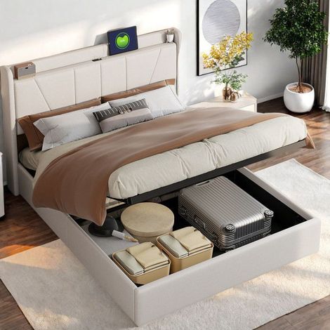 Bett mit Stauraum 160x200 cm - Beige - Weiches Leinengewebe - Mit Lattenrost - Tragkraft bis zu 300 kg