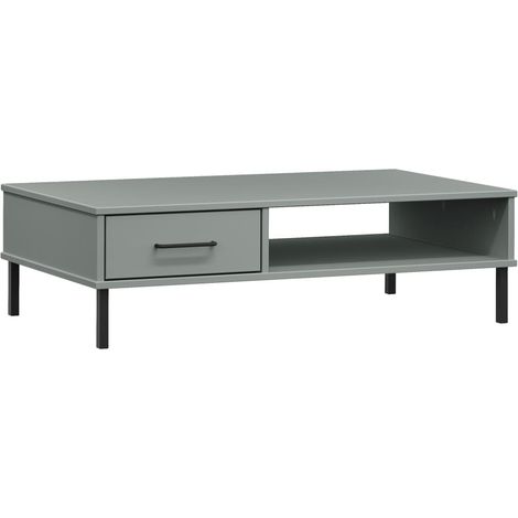 Mesa de centro de diseño moderno con cajón, patas de metal, tablero de madera de pino gris DEC037715