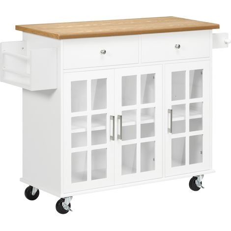 Desserte blanche sur roulettes 124,5x39,5x90 cm avec 2 tiroirs, 3 portes en verre trempé et porte-serviettes, mobile cuisine haut design