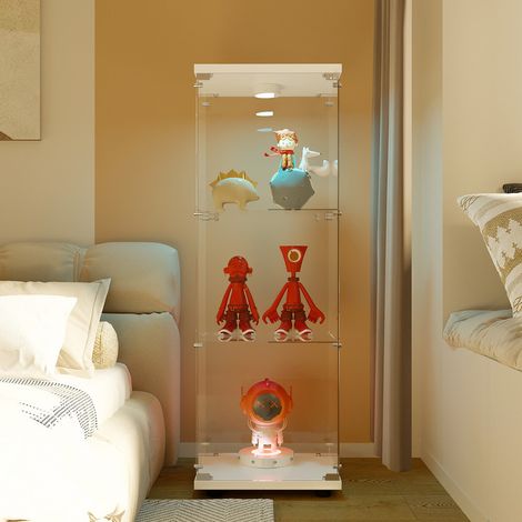 Vitrine 3 Niveaux avec 1 Porte et Serrure avec Lampe, vitrine Moderne en Verre Transparent, Armoire de Rangement de Collection Robuste et Durable pour Salon, Chambre, Bureau, Blanc (1/5)