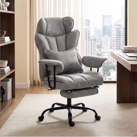 Silla de oficina con masaje de 6 puntos, calor, reposapiés y respaldo reclinable, gris OKMYHOME (1/5)
