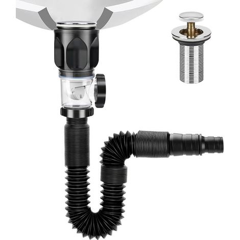 Bonde de lavabo avec pop-up et siphon - vidange filtrante - tuyau flexible rétractable 300-1000 mm - Anti-colmatage, anti-odeurs, anti-insectes - noir (1/4)