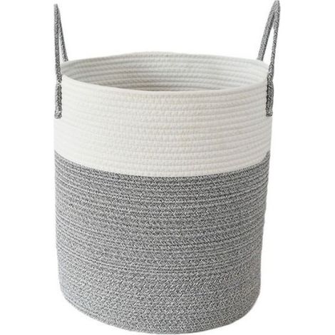 Panier à linge tressé en corde de coton gris-blanc, panier de rangement avec poignée gris clair, dimensions 35,5 x 40,5 cm (1/5)