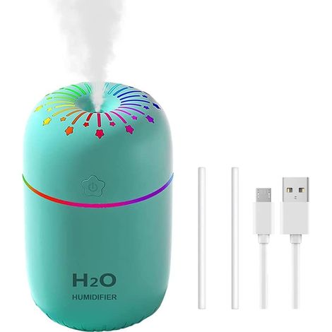 Humidificateur d'air de chambre à coucher – 1 pièce, brume fraîche, mini humidificateur, humidificateur portable, 300 ml, lumières colorées, pour la maison, la chambre, la petite pièce, le bureau (ver (1/2)