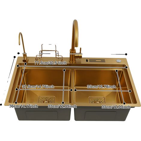 Évier de cuisine, double bac, acier inoxydable, 82 46cm Or (1/2)