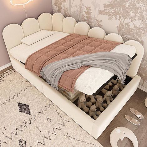 Lit Gigogne - GUTENT - 90x200 cm - Velours Beige - Rangement Hydraulique - 1 Place
