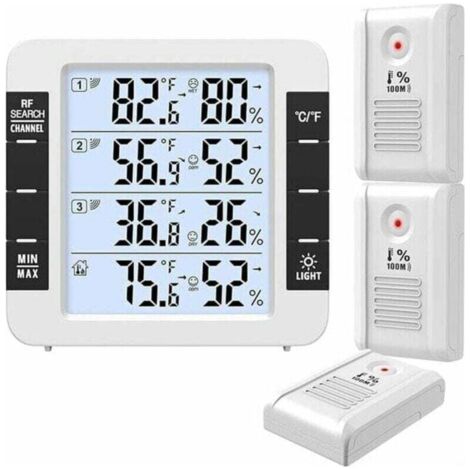 Innen-/Außenthermometer, verbunden mit 3 drahtlosen Sensoren, überwacht Luftfeuchtigkeit und Temperatur (℃/℉), zeichnet MAX- und MIN-Werte auf, zeigt Trends und Komfortwerte an.