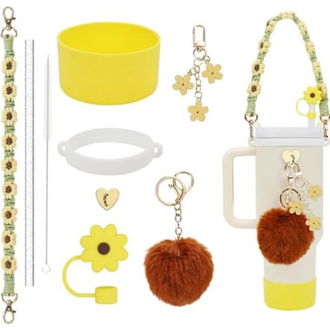 Ensemble d'accessoires pour la Coupe Stanley, 7 pièces, protège-gouttes en silicone avec pompon pour bouteilles d'eau, marron (1/4)