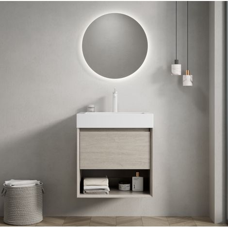 Meuble vasque suspendu moderne 55 cm chêne clair avec vasque intégrée en résine, 1 tiroir et niche ouverte (1/5)