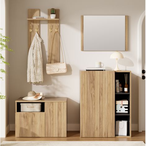 MODFU – Set de recibidor 120x35x123 cm de MDF/aglomerado con espejo, banco, zapatero, ganchos, estantes regulables y antivuelco – Negro/natural (1/5)