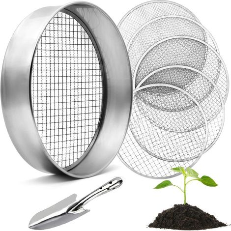 Tamis de jardin rond 30 cm en acier inoxydable avec 5 tamis interchangeables (3/5/8/10/12mm) - Tamis à compost rond pour terre, compost, semences, sable