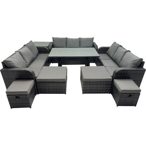 Fimous 13 Seater Garden Outdoor Rattan Furniture Set Rattan Sofa Oblong Dining Table with Side Table 4 Footstools Dark Grey (1/5)