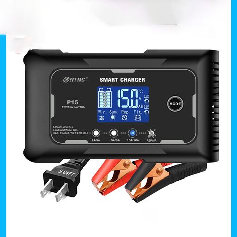 Chargeur de Batterie de Voiture 12 V/15 A et 24 V/10 A, pour Voiture, Moto, Tondeuse à Gazon, Bateau, Lithium, LiFePO4, Acide Plomb (AGM, Gel, MF, EFB, SLA, VRLA, etc.)