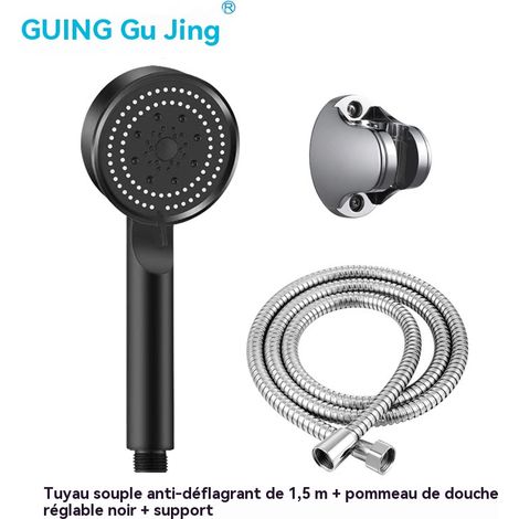 Ensemble de douchette à main, pommeau de douche noir à cinq vitesses + tuyau anti-explosion de 1,5 mètre + base de support pour pommeau de douche. (1/2)