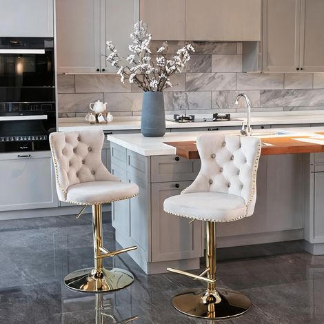 Tabourets de bar pivotants réglables en velours beige (1/5)
