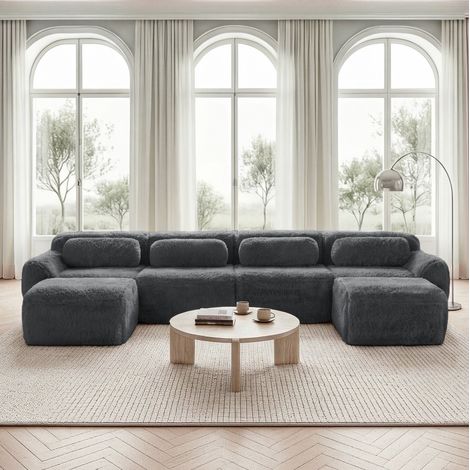 Sofá modular en U de 4 plazas en tejido peluche gris, sin montaje, con cojines, 378 cm (1/5)