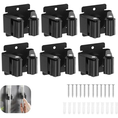 Wall Mounted Broom Holder, 6 Pieces Wall Mounted Broom Holder, Wall Mounted Broom Holder, Wall Mounted Broom Clip, Mop Holder for Bathroom Kitchen Office Closet Garden Garage (Black)