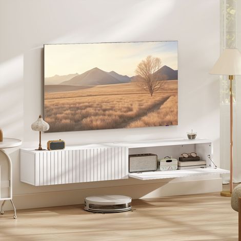 Meuble TV suspendu 140cm, meuble télé pour téléviseur 72 pouces, 2 portes rabattables, 140x25x22cm, blanc (1/5)