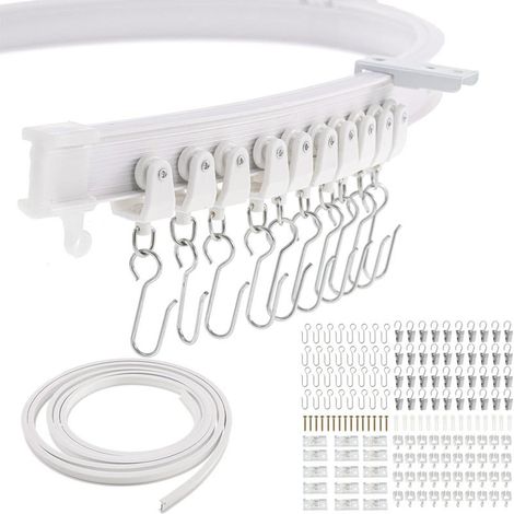 Kit de rail courbe de 10 mètres, rail de rideau courbe en forme de U, clips en acier inoxydable, crochets, poulies, supports de montage, vis et bouchons en caoutchouc.