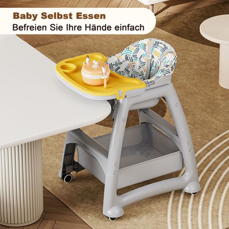 Chaise haute enfant avec 3 assiettes PP interchangeables (jaune, vert, rose), harnais 5 points, roues bloquables et plateau amovible - Bébé 6 mois à 3 ans (usage domestique et professionnel) (1/5)