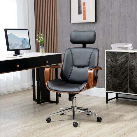 Chaise de bureau 66x65x115-125 cm noire en simili cuir avec dossier ergonomique et appui-tete amovible (1/5)