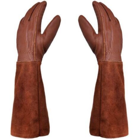 Gants de jardinage - Paire de gants de jardinage - Protection cuir - Gants longs de jardinage à épines résistants aux perforations et aux coupures et gants de soudage TIG pour apiculture - Marron - L (1/5)