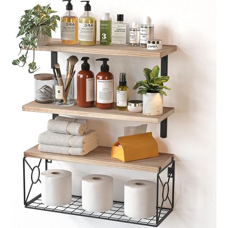 Étagère Murale avec Panier Métallique pour Salle de Bain, Naturel (1/5)