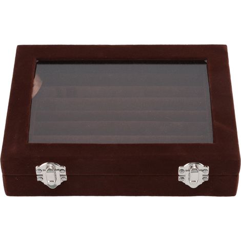 Boîte de présentation pour bijoux 7 compartiments en velours avec couvercle transparent pour bagues, colliers et boucles d'oreilles marron