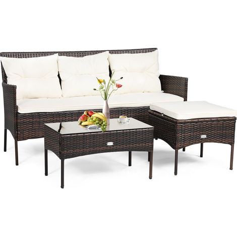 3 PCS Patio Conversation Set Outdoor PE Rattan Garden Furniture Set W/ Cushions (1/5)