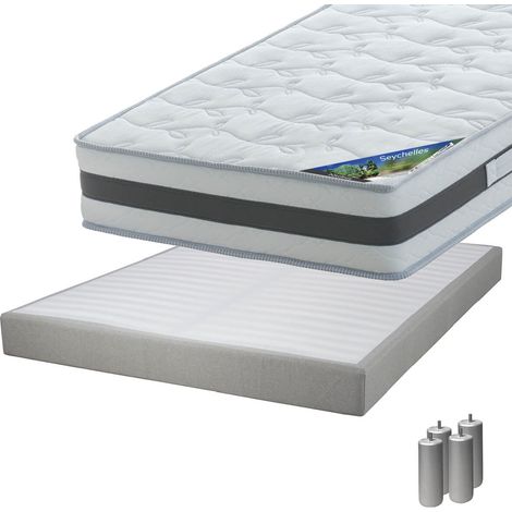SEYCHELLES - Pack Matelas 160x200 + Sommier Tapissier Démontable 2x20 Lattes Lin + Pieds Argent 15cm (1/5)
