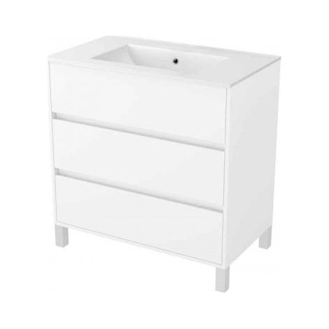 Aurlane – Meuble bas de salle de bain 80 cm – 3 tiroirs – finition blanc laqué – à poser sur pieds – système de fermeture soft close (1/2)